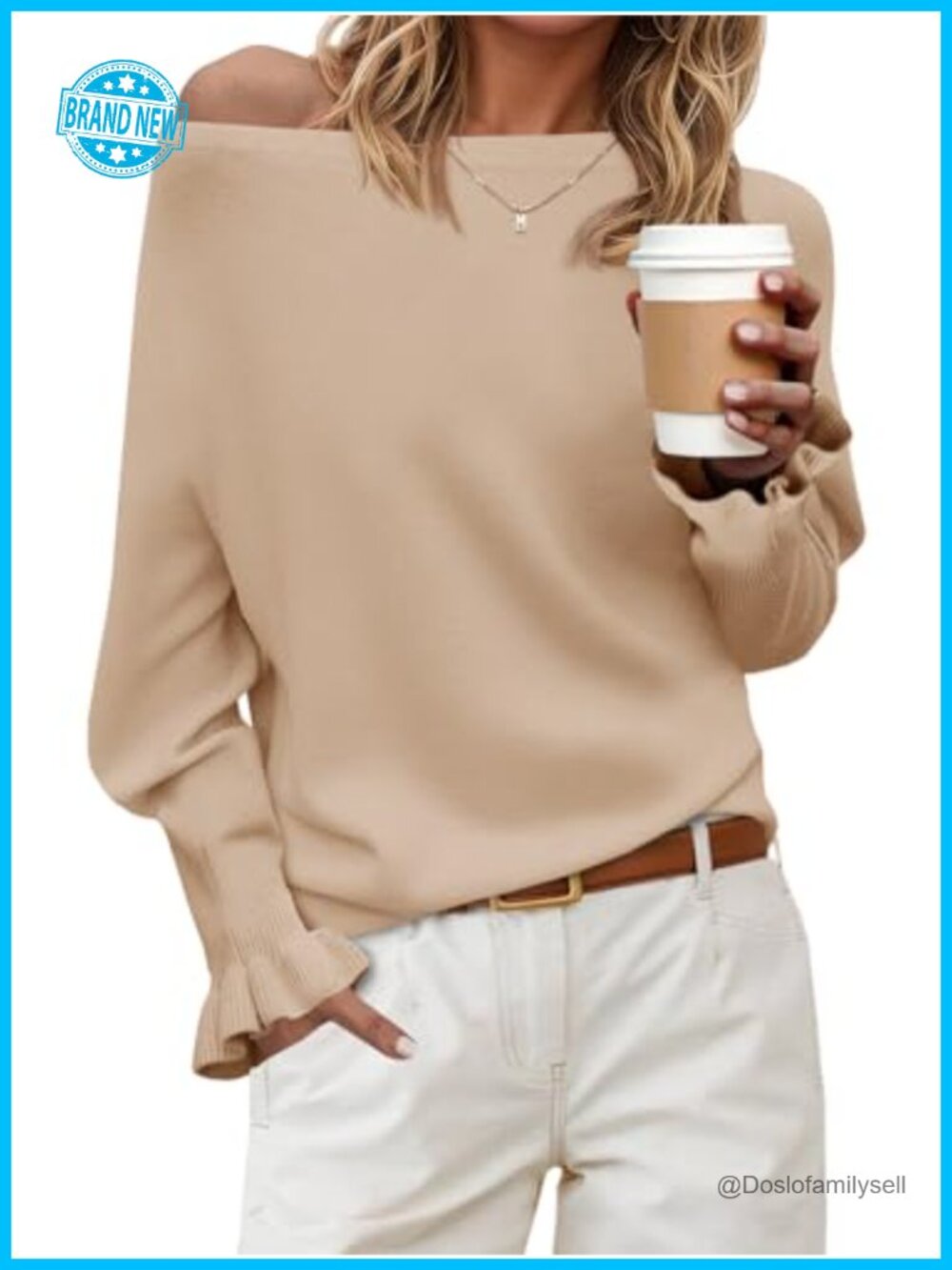 Womens Boat Neck Off Shoulder Sweater Ruffle Dolman Sleeve Knit Pullover